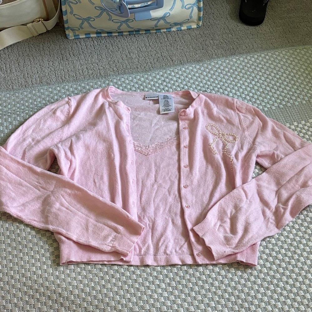 No Boundaries Beaded Bow Light Pink Cardigan Sweater